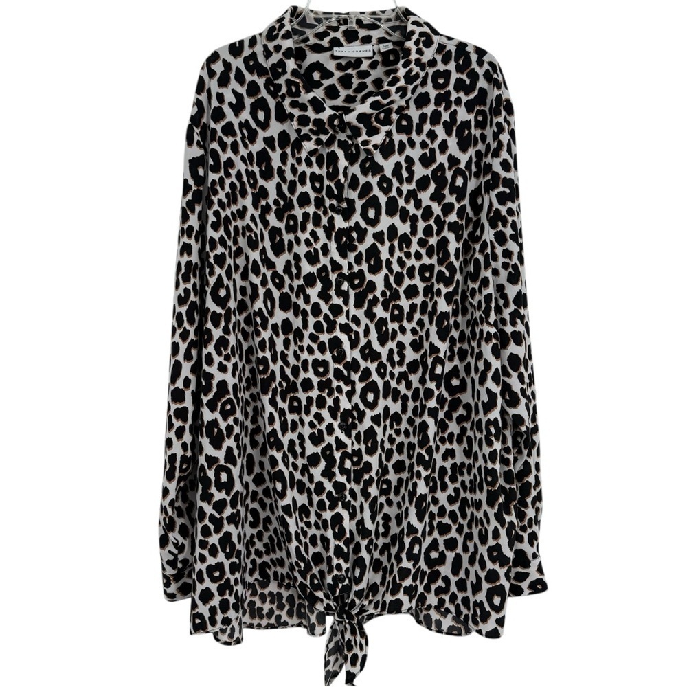 Susan Graver Top Woman’s Size 24W Animal Print Long Sleeve Button Up Tie Blouse